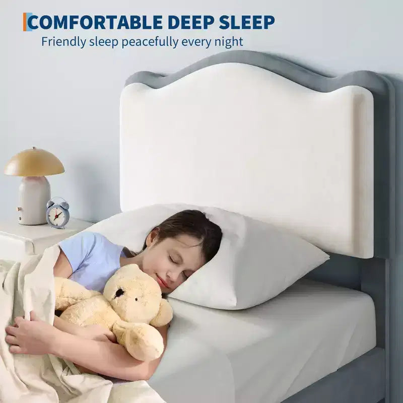 Cadre de lit simple rembourré pour enfant avec tiroirs de rangement et tête de lit festonnée, lattes en bois robustes pour le soutien, mobilier de chambre d'enfant