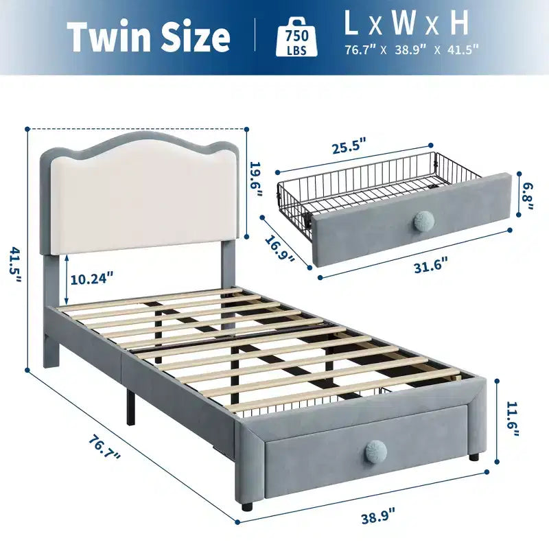 Cadre de lit simple rembourré pour enfant avec tiroirs de rangement et tête de lit festonnée, lattes en bois robustes pour le soutien, mobilier de chambre d'enfant