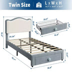 Cadre de lit simple rembourré pour enfant avec tiroirs de rangement et tête de lit festonnée, lattes en bois robustes pour le soutien, mobilier de chambre d'enfant
