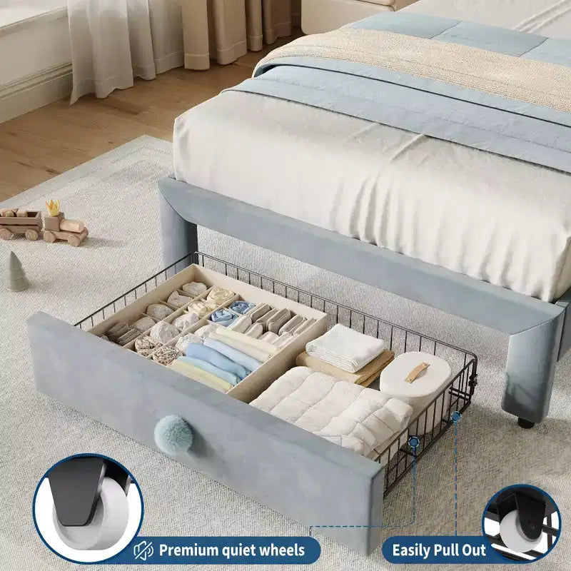 Cadre de lit simple rembourré pour enfant avec tiroirs de rangement et tête de lit festonnée, lattes en bois robustes pour le soutien, mobilier de chambre d'enfant