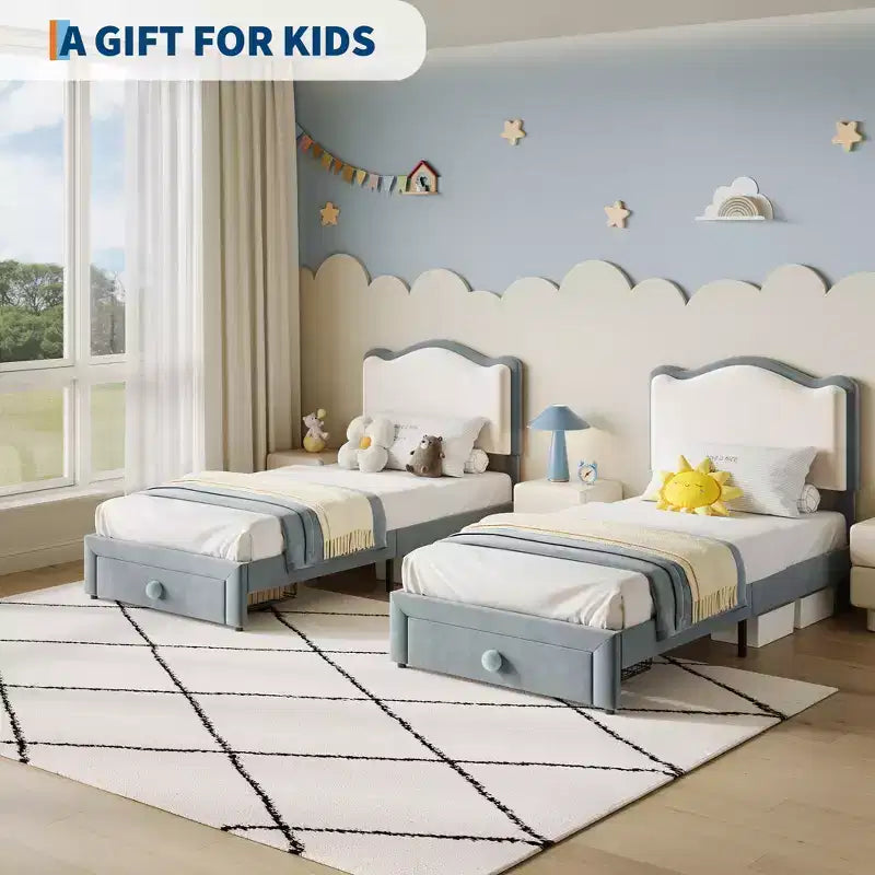 Cadre de lit simple rembourré pour enfant avec tiroirs de rangement et tête de lit festonnée, lattes en bois robustes pour le soutien, mobilier de chambre d'enfant