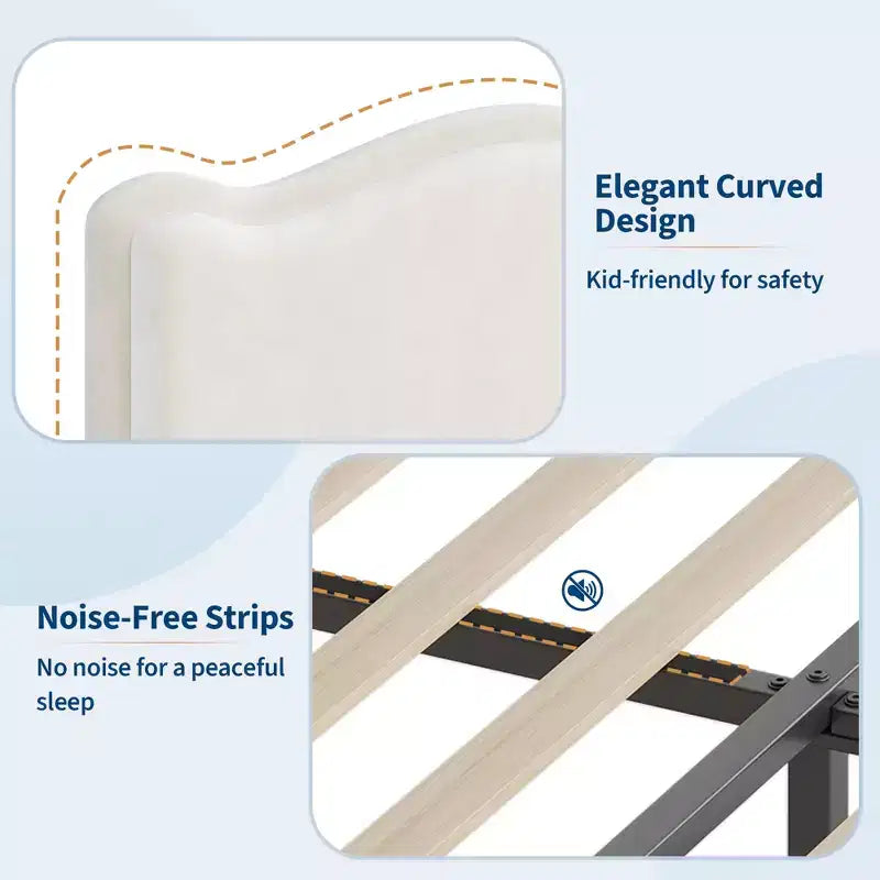 Cadre de lit simple rembourré pour enfant avec tiroirs de rangement et tête de lit festonnée, lattes en bois robustes pour le soutien, mobilier de chambre d'enfant