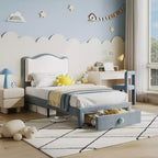 Upholstered Single Children's Bed Frame with Storage Drawers and Scalloped Headboard, Sturdy Wooden Slats for Support, Children's Bedroom Furniture