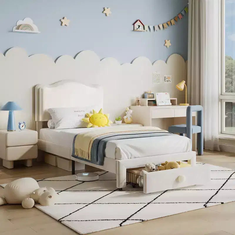 Cadre de lit simple rembourré pour enfant avec tiroirs de rangement et tête de lit festonnée, lattes en bois robustes pour le soutien, mobilier de chambre d'enfant