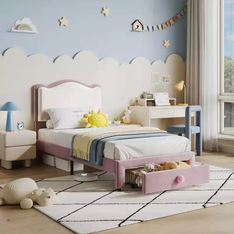 Cadre de lit simple rembourré pour enfant avec tiroirs de rangement et tête de lit festonnée, lattes en bois robustes pour le soutien, mobilier de chambre d'enfant