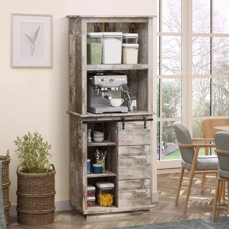 Buffet de cuisine rustique autoportant avec vaisselier, armoire de rangement avec porte coulissante de style grange, étagère réglable, bois vintage