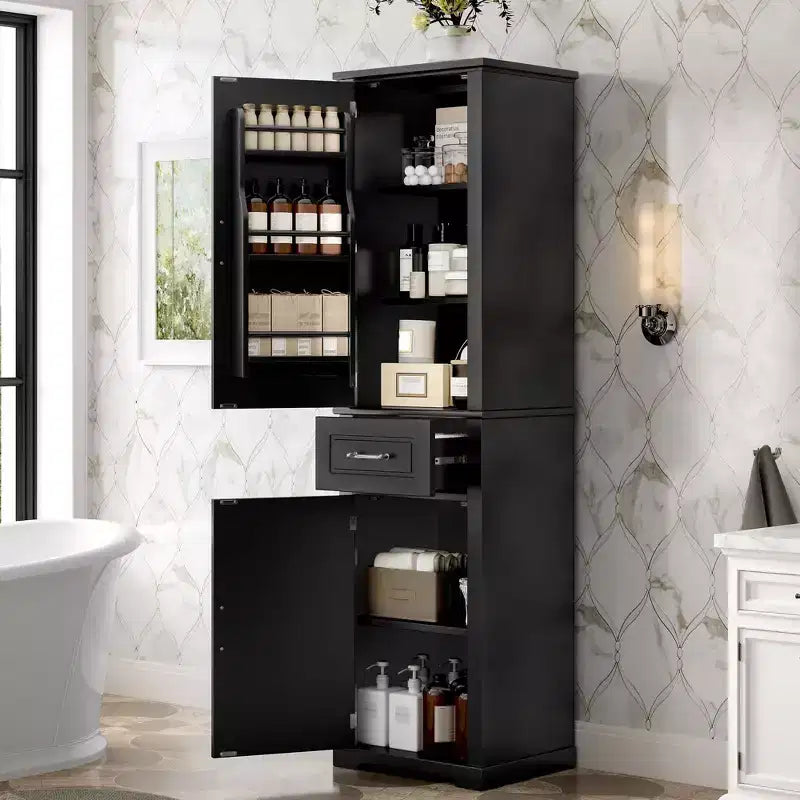 Tall Bathroom Storage Cabinet Freestanding Storage Cabinet with Two Different Size Doors and Adjustable Shelf Door