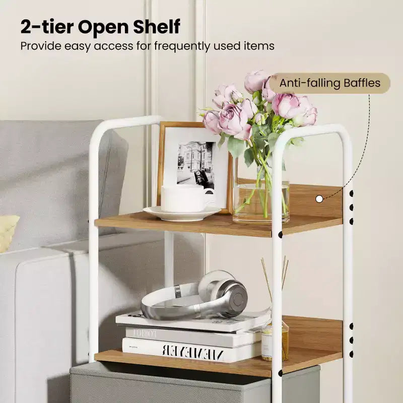 Chariot de rangement utilitaire roulant avec 2 étagères ouvertes et 2 tiroirs en tissu pour chambre à coucher