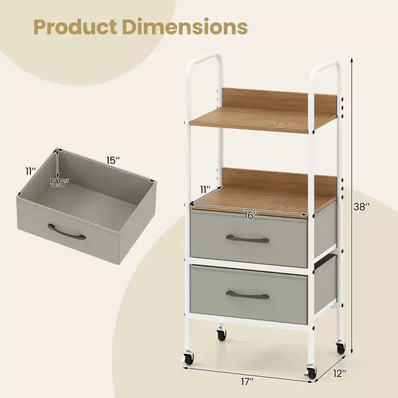 Chariot de rangement utilitaire roulant avec 2 étagères ouvertes et 2 tiroirs en tissu pour chambre à coucher