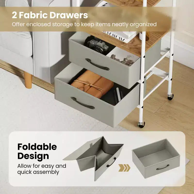Chariot de rangement utilitaire roulant avec 2 étagères ouvertes et 2 tiroirs en tissu pour chambre à coucher