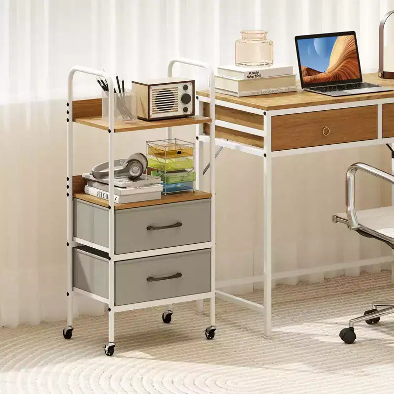 Chariot de rangement utilitaire roulant avec 2 étagères ouvertes et 2 tiroirs en tissu pour chambre à coucher