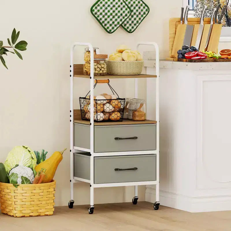 Chariot de rangement utilitaire roulant avec 2 étagères ouvertes et 2 tiroirs en tissu pour chambre à coucher