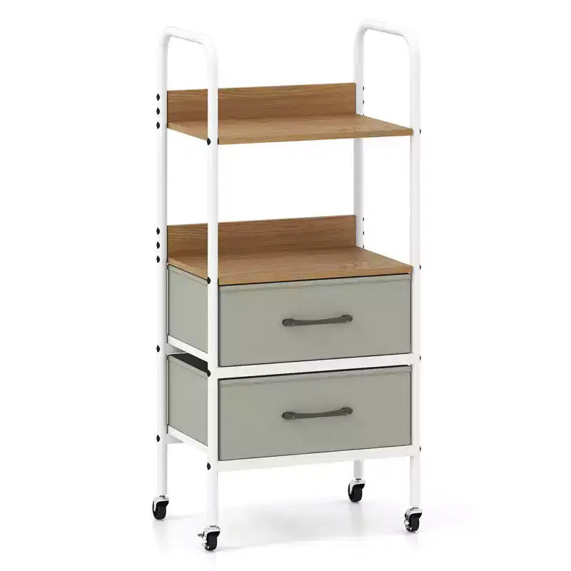 Chariot de rangement utilitaire roulant avec 2 étagères ouvertes et 2 tiroirs en tissu pour chambre à coucher