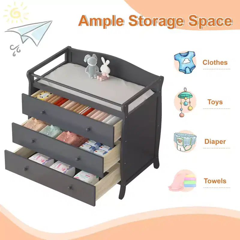 Commode à langer pour bébés, commode à langer 3 tiroirs avec matelas à langer amovible, commode avec plateau à langer, commode pour chambre de bébé