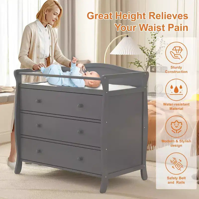 Commode à langer pour bébés, commode à langer 3 tiroirs avec matelas à langer amovible, commode avec plateau à langer, commode pour chambre de bébé