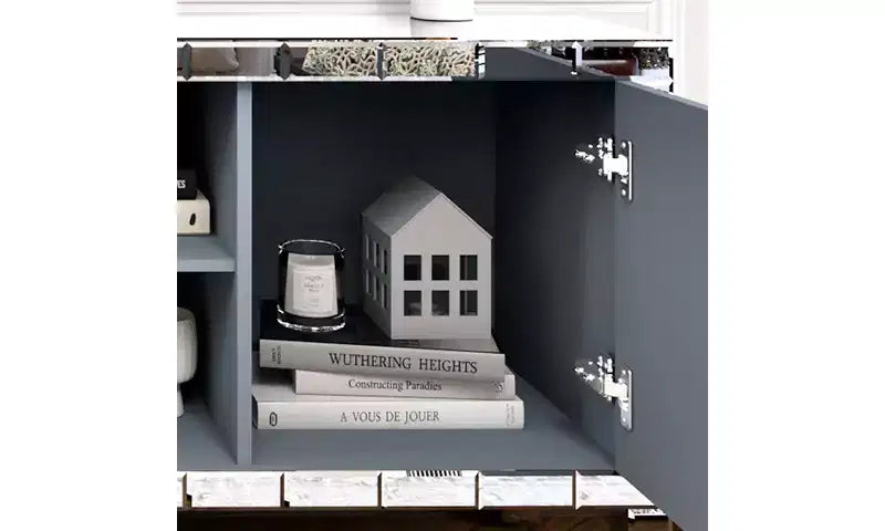 Meuble TV pour téléviseurs jusqu'à 65 pouces, console média avec rangement, meuble de centre de divertissement avec miroir