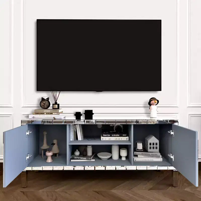 Meuble TV pour téléviseurs jusqu'à 65 pouces, console média avec rangement, meuble de centre de divertissement avec miroir