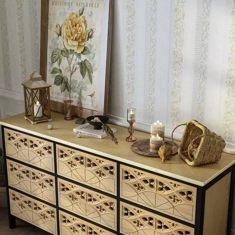 Commode à 9 tiroirs, Buffet avec relief creux, Table de buffet polyvalente, Meuble de rangement de cuisine, Meuble d'art pour chambre à coucher/salle à manger/salon