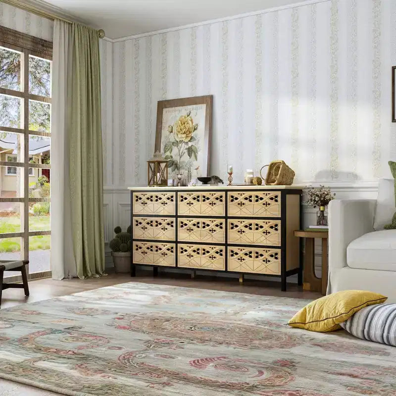 Commode à 9 tiroirs, Buffet avec relief creux, Table de buffet polyvalente, Meuble de rangement de cuisine, Meuble d'art pour chambre à coucher/salle à manger/salon