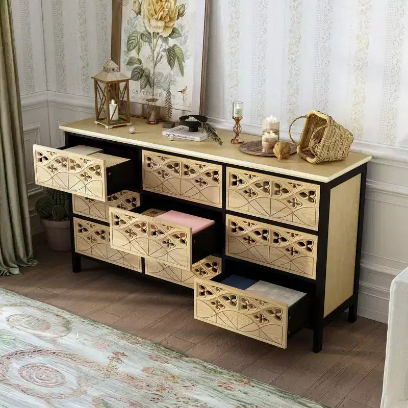 Commode à 9 tiroirs, Buffet avec relief creux, Table de buffet polyvalente, Meuble de rangement de cuisine, Meuble d'art pour chambre à coucher/salle à manger/salon