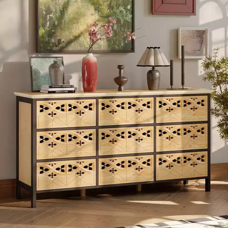Commode à 9 tiroirs, Buffet avec relief creux, Table de buffet polyvalente, Meuble de rangement de cuisine, Meuble d'art pour chambre à coucher/salle à manger/salon