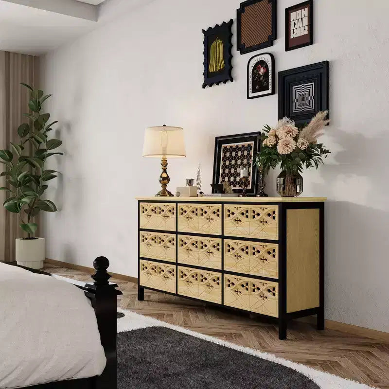 Commode à 9 tiroirs, Buffet avec relief creux, Table de buffet polyvalente, Meuble de rangement de cuisine, Meuble d'art pour chambre à coucher/salle à manger/salon