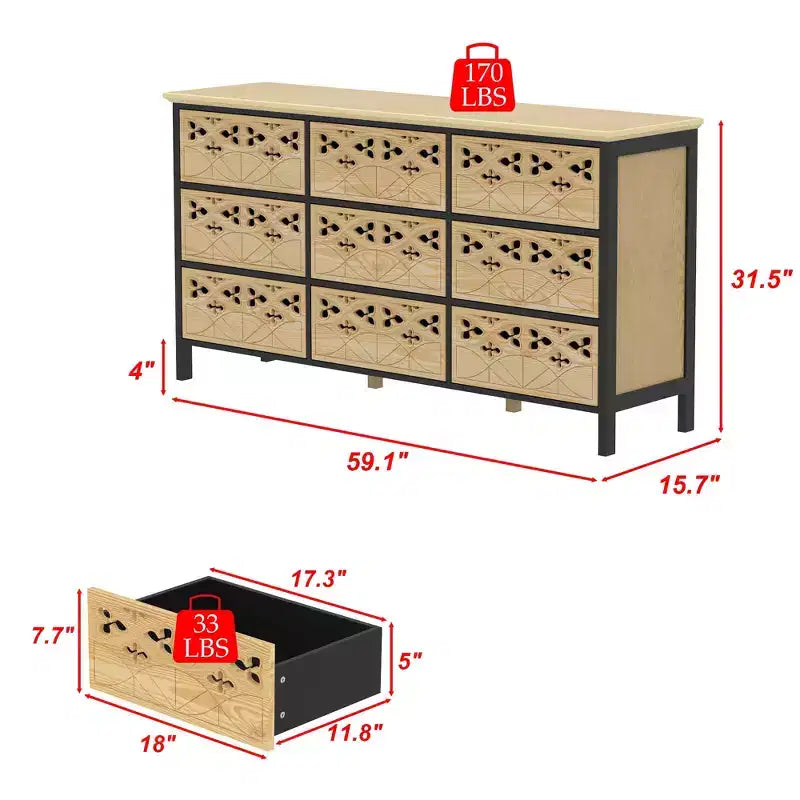 Commode à 9 tiroirs, Buffet avec relief creux, Table de buffet polyvalente, Meuble de rangement de cuisine, Meuble d'art pour chambre à coucher/salle à manger/salon