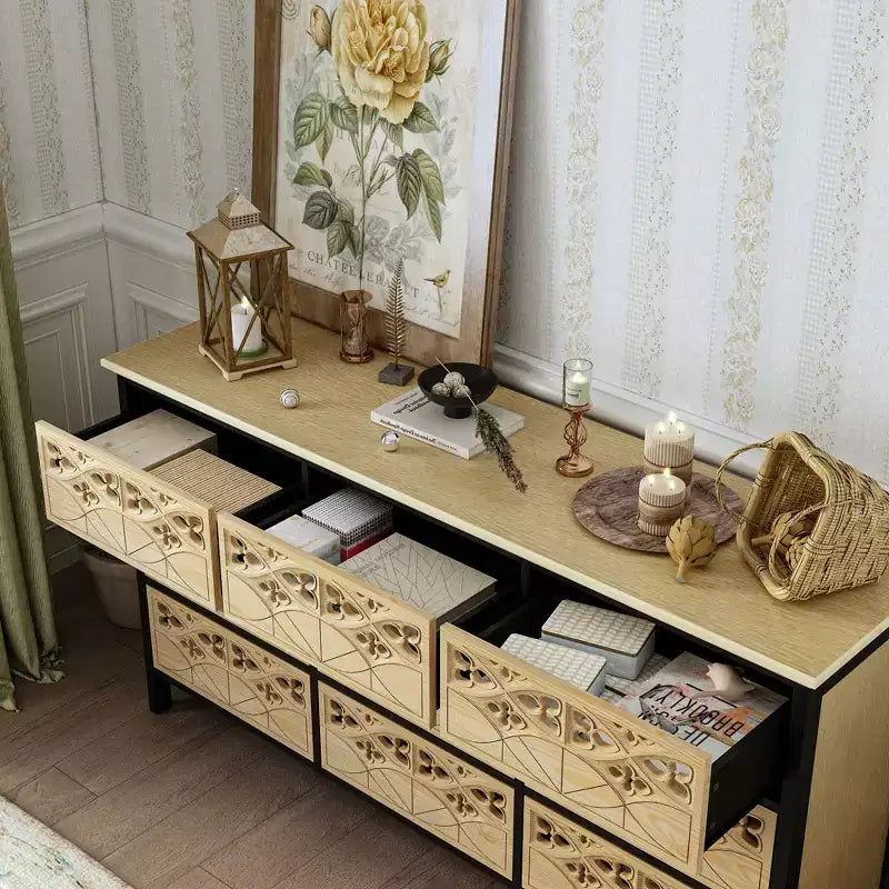 Commode à 9 tiroirs, Buffet avec relief creux, Table de buffet polyvalente, Meuble de rangement de cuisine, Meuble d'art pour chambre à coucher/salle à manger/salon