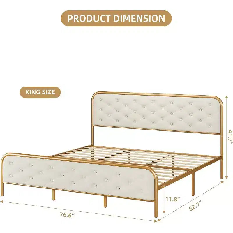 Cadre de lit King Size en métal - Cadre de lit plateforme robuste avec rangement, supports en acier, pas besoin de sommier, montage facile, silencieux, or blanc