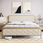 Cadre de lit King Size en métal - Cadre de lit plateforme robuste avec rangement, supports en acier, pas besoin de sommier, montage facile, silencieux, or blanc