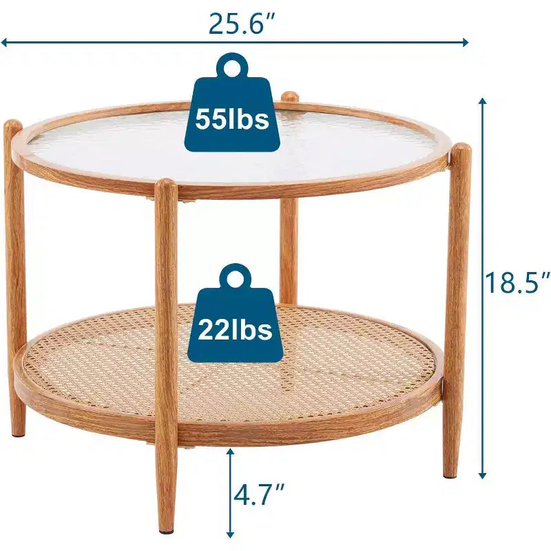 25.6 Table Basse en Rotin, Table Basse Ronde en Verre pour Salon, Ambiance Naturelle
