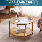 25.6 Table Basse en Rotin, Table Basse Ronde en Verre pour Salon, Ambiance Naturelle