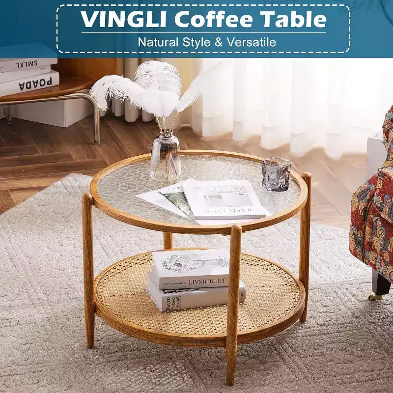 25.6 Table Basse en Rotin, Table Basse Ronde en Verre pour Salon, Ambiance Naturelle