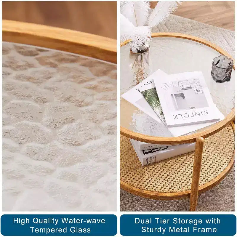 25.6 Table Basse en Rotin, Table Basse Ronde en Verre pour Salon, Ambiance Naturelle