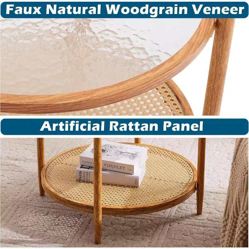 25.6 Table Basse en Rotin, Table Basse Ronde en Verre pour Salon, Ambiance Naturelle