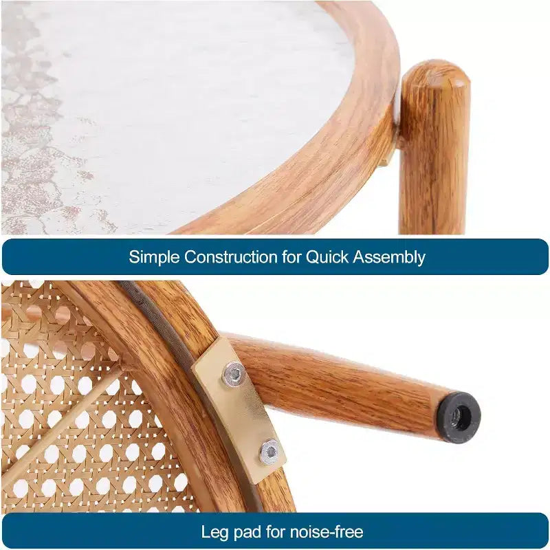 25.6 Table Basse en Rotin, Table Basse Ronde en Verre pour Salon, Ambiance Naturelle