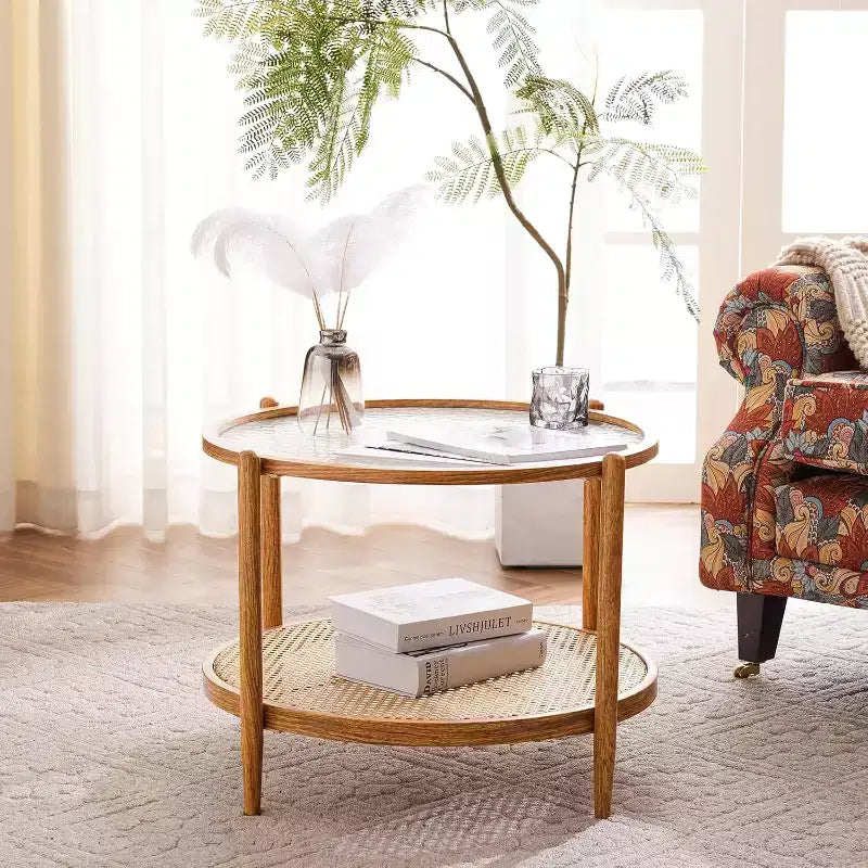 25.6 Table Basse en Rotin, Table Basse Ronde en Verre pour Salon, Ambiance Naturelle