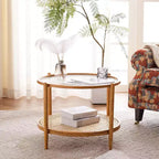 25.6 Table Basse en Rotin, Table Basse Ronde en Verre pour Salon, Ambiance Naturelle