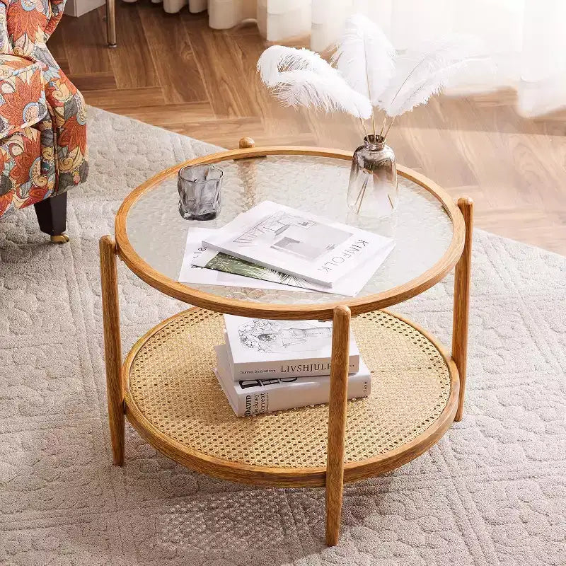 25.6 Table Basse en Rotin, Table Basse Ronde en Verre pour Salon, Ambiance Naturelle