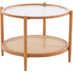 25.6 Table Basse en Rotin, Table Basse Ronde en Verre pour Salon, Ambiance Naturelle