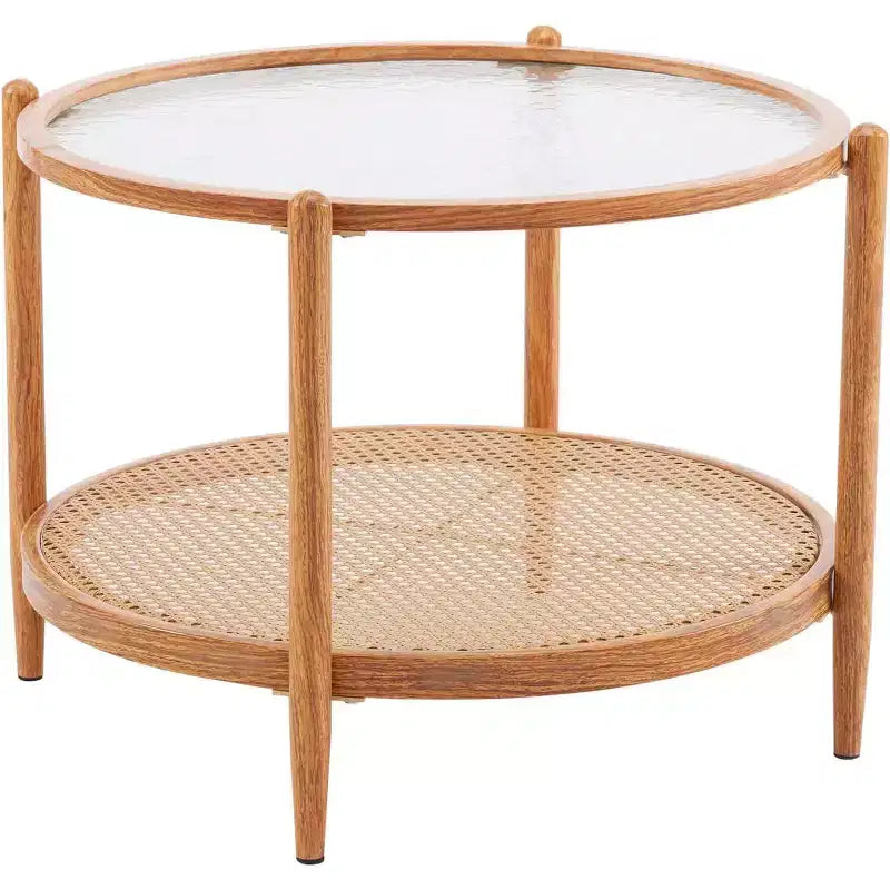 25.6 Table Basse en Rotin, Table Basse Ronde en Verre pour Salon, Ambiance Naturelle