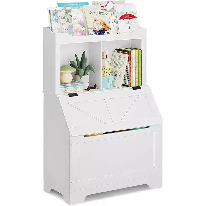 Grande bibliothèque pour enfants en bois à 3 niveaux et organisateur de rangement de jouets avec couvercle à charnière, design polyvalent pour salle de jeux, chambre d'enfant, crèche et maternelle