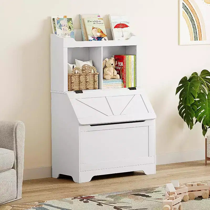 Grande bibliothèque pour enfants en bois à 3 niveaux et organisateur de rangement de jouets avec couvercle à charnière, design polyvalent pour salle de jeux, chambre d'enfant, crèche et maternelle