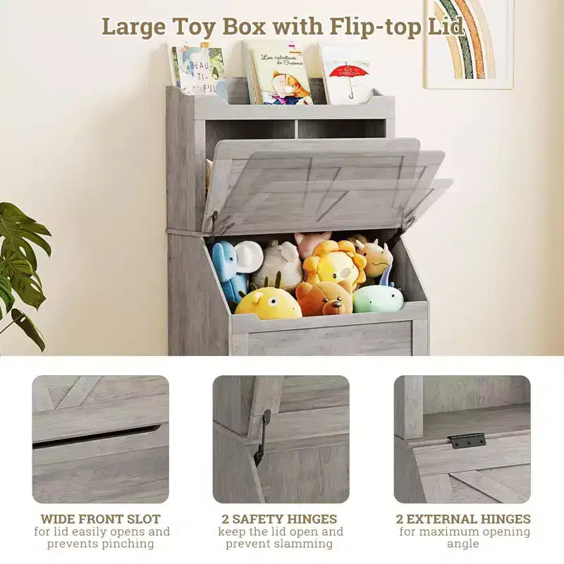 Grande bibliothèque pour enfants en bois à 3 niveaux et organisateur de rangement de jouets avec couvercle à charnière, design polyvalent pour salle de jeux, chambre d'enfant, crèche et maternelle