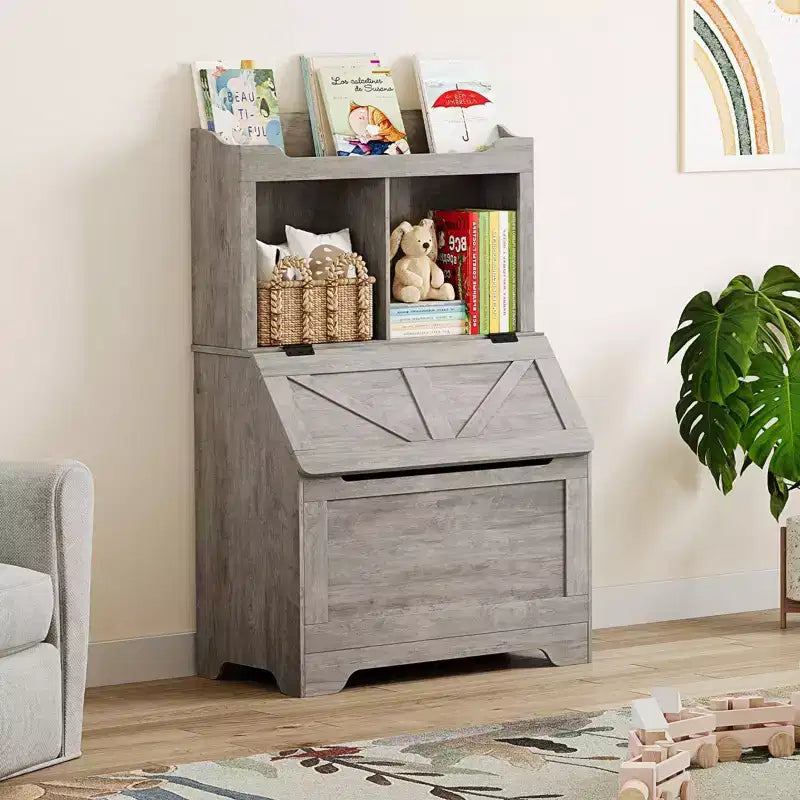 Grande bibliothèque pour enfants en bois à 3 niveaux et organisateur de rangement de jouets avec couvercle à charnière, design polyvalent pour salle de jeux, chambre d'enfant, crèche et maternelle
