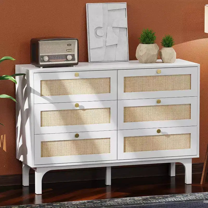 VINGLI White Dresser 6 Drawer, 47.2 W Rattan Boho Dresser
