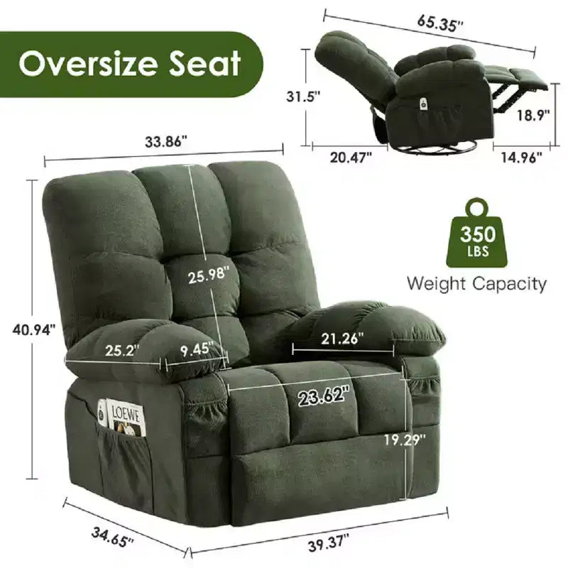 Fauteuil inclinable avec massage vibrant et chauffage lombaire pour adultes, fauteuil inclinable à bascule surdimensionné 350 LBS, canapé simple
