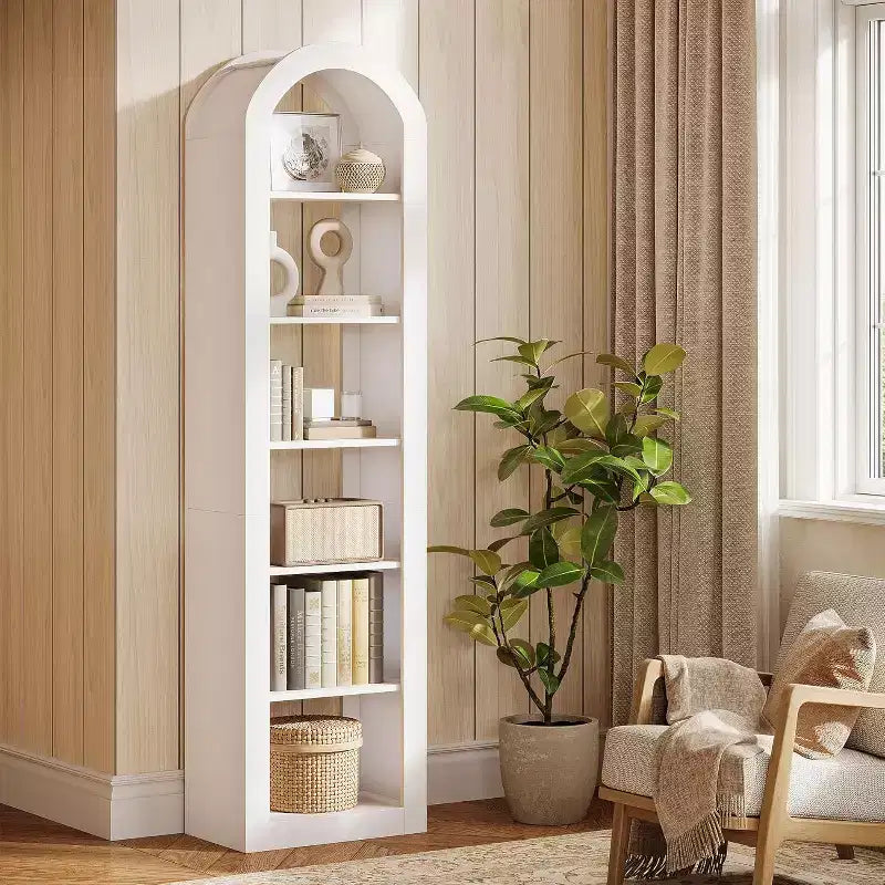 Étagère haute de 1,90 m à arche, bibliothèque ouverte étroite à 6 niveaux, étagères d'angle autoportantes pour petits espaces, salon