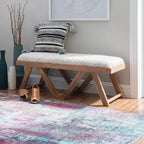 45" Bonnie Boho Solid Mango Wood Bench Textured Cream Fabric Upholstered Bench Brown - Linon