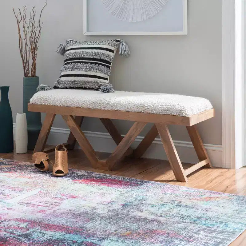 45" Bonnie Boho Solid Mango Wood Bench Textured Cream Fabric Upholstered Bench Brown - Linon